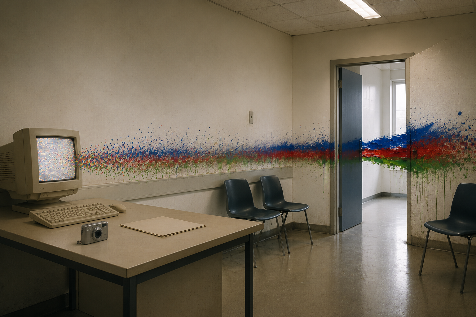 An empty institutional room containing a CRT computer, digital camera and plastic chairs, crossed by a band of pixels becoming paint.